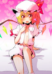 Rule 34 | 1girl, blonde hair, bloomers, female focus, flandre scarlet, hat, heart, highres, open clothes, open shirt, red eyes, shirt, short hair, side ponytail, solo, sw (taco), tears, embodiment of scarlet devil, touhou, underwear, wings