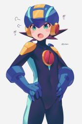 Rule 34 | 1boy, absurdres, annoyed, blue bodysuit, blue headwear, blush stickers, bodysuit, brown hair, commentary, covered collarbone, green eyes, hands on own hips, helmet, highres, looking at viewer, male focus, mega man (series), mega man battle network (series), megaman.exe, netnavi, open mouth, puff of air, short hair, simple background, solo, spiked hair, standing, translation request, twitter username, white background, zero-go
