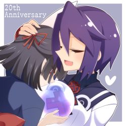 Rule 34 | 2girls, animal ears, anniversary, black hair, bow, closed eyes, closed mouth, commentary request, crystal ball, english text, hair between eyes, hair bow, hand on another&#039;s head, hasaha, heart, highres, holding, muchin jousha, multiple girls, open mouth, purple hair, rabbit ears, red bow, red eyes, short hair, summon night, summon night 2, toris, upper body, yuri