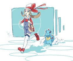 Rule 34 | 00s, 1girl, bad id, bad pixiv id, bag, bow, brown hair, cabbie hat, creatures (company), flelincw, game freak, gen 2 pokemon, hat, lyra (pokemon), nintendo, oekaki, overalls, pokegear, pokemon, pokemon (creature), pokemon hgss, running, thighhighs, totodile, twintails