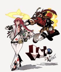 Rule 34 | 1boy, 1girl, absurdres, aria (guilty gear), ball, bandaged arm, bandages, basketball, basketball (object), belt, belt buckle, black footwear, black gloves, broken halo, brown hair, buckle, closed eyes, collarbone, spiked halo, crack, cross, english text, fingernails, fire, fire, gameplay mechanics, gloves, guilty gear, guilty gear strive, hair between eyes, halo, highres, holding, holding ball, holding sword, holding weapon, jack-o&#039; valentine, long hair, multicolored clothes, multicolored hair, no pupils, open mouth, ponytail, rdkshinku, red footwear, red gloves, red hair, signature, sleeves rolled up, smile, sol badguy, sword, teeth, two-tone gloves, walking, weapon, white hair, wide hips