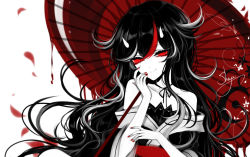 Rule 34 | 1girl, alternate hair length, alternate hairstyle, artist name, bare shoulders, black hair, choker, collarbone, commentary request, hair between eyes, hand on own cheek, hand on own face, horns, japanese clothes, kijin seija, kimono, limited palette, long hair, looking at viewer, multicolored hair, nail polish, obi, off shoulder, oil-paper umbrella, petals, red hair, red nails, red sash, red umbrella, ribbon choker, rose petals, sash, sheya, signature, simple background, smile, solo, spot color, streaked hair, touhou, umbrella, upper body, very long hair, wavy hair, white background, white hair