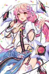 Rule 34 | 1girl, blue skirt, blurry, blush, bra, breasts, cleavage, confetti, depth of field, empew, garter straps, highleg, highleg panties, idol, long hair, long sleeves, looking at viewer, low twintails, luka (soccer spirits), medium breasts, microphone, off shoulder, official art, open mouth, panties, pink hair, red eyes, shoes, skirt, sneakers, soccer spirits, solo, striped bra, striped clothes, thighhighs, twintails, underwear, very long hair, white thighhighs, zipper, zipper pull tab