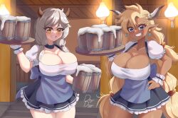 Rule 34 | 2girls, absurdres, alcohol, almeida (granblue fantasy), apron, barmaid, beer, beer mug, blonde hair, blue eyes, blush, breasts, camieux, cleavage, cup, dark-skinned female, dark skin, draph, dress, drogo doggo, earrings, granblue fantasy, grey hair, grin, hand on own hip, highres, holding, holding tray, horn ornament, horns, jewelry, lamp, large breasts, long hair, low-tied long hair, mug, multiple girls, open mouth, orange eyes, short dress, signature, smile, tray, twintails, waist apron, wrist cuffs