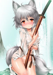 Rule 34 | 1girl, animal ears, blush, bottomless, breasts, covered erect nipples, holding, holding sword, holding weapon, inubashiri momiji, kei kei, looking at viewer, medium breasts, off shoulder, red eyes, sash, sheath, sheathed, silver hair, socks, solo, sword, tail, touhou, weapon, wet, wet clothes, wet hair, white socks, wolf ears, wolf tail