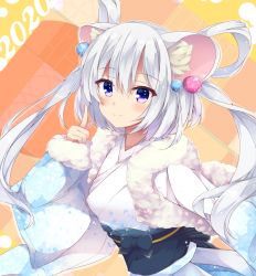 Rule 34 | 1girl, 2020, animal ear fluff, animal ears, blush, chinese zodiac, closed mouth, commentary request, fur-trimmed sleeves, fur trim, fuuna, hair between eyes, hair rings, highres, index finger raised, japanese clothes, kimono, long hair, long sleeves, mouse ears, obi, original, purple eyes, sash, silver hair, sleeves past wrists, smile, solo, two side up, upper body, white kimono, year of the rat