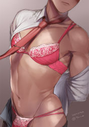 Rule 34 | 1boy, bara, closed mouth, collared shirt, crossdressing, dark skin, dated, facing away, highres, large pectorals, lingerie, muscular, muscular male, necktie, necktie grab, neckwear grab, open clothes, open pants, open shirt, original, pants, pectoral cleavage, pectorals, pubic hair, puffy chest, red necktie, shirt, signature, simple background, skindentation, solo, standing, tan, tawapo, underwear, undressing, white shirt