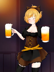 Rule 34 | 1girl, ^ ^, adapted costume, alcohol, apron, bare arms, beer, beer mug, black apron, black thighhighs, blonde hair, bow, breasts, brown bow, brown dress, cleavage, closed eyes, closed mouth, collarbone, commentary request, cowboy shot, cup, dirndl, dress, fang, fang out, german clothes, hair bow, hands up, high ponytail, highres, holding, holding mug, indoors, jakomurashi, kurodani yamame, mug, short dress, short hair, short ponytail, short sleeves, smile, solo, swept bangs, thighhighs, touhou, underbust, waist apron, zettai ryouiki