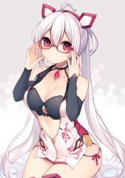Rule 34 | 1girl, ^^^, adjusting eyewear, ahoge, bad id, bad pixiv id, bare shoulders, bespectacled, black thighhighs, blush, breasts, choker, cleavage, closed mouth, clothing cutout, collarbone, detached sleeves, eyebrows, gem, glasses, grey background, hair between eyes, hair ornament, hair rings, hairband, hexagon, innocent cluster, jewelry, large breasts, long hair, looking at viewer, matoi (pso2), muryotaro, navel, open clothes, panties, partially unzipped, phantasy star, phantasy star online 2, pink panties, pink ribbon, red-framed eyewear, red eyes, red gemstone, ribbon, semi-rimless eyewear, shiny skin, side-tie panties, silver hair, sitting, solo, thighhighs, thighs, twintails, under-rim eyewear, underboob cutout, underwear, very long hair, zipper