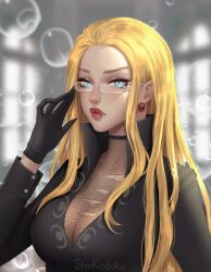 Rule 34 | 1girl, black dress, black gloves, blonde hair, blue eyes, closed mouth, commentary, dress, earrings, english commentary, glasses, gloves, highres, jewelry, kalifa (one piece), lips, lipstick, long hair, long sleeves, looking at viewer, makeup, one piece, pearl earrings, red lips, shinkodoku, solo