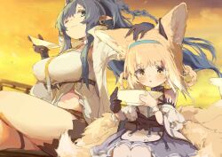 Rule 34 | 2girls, animal ears, arknights, bare shoulders, black gloves, blonde hair, blue eyes, blue hair, blue hairband, bowl, braid, braided hair rings, breasts, closed mouth, colored tips, dress, fox ears, fox girl, fox tail, gloves, hair rings, hairband, hand on another&#039;s head, holding, holding bowl, infection monitor (arknights), kitsune, kyuubi, large breasts, ling (arknights), long hair, looking at viewer, material growth, multicolored hair, multiple girls, multiple tails, one eye closed, oripathy lesion (arknights), parted lips, purple dress, short hair, single glove, suzuran (arknights), tail, twin braids, two-tone hair, unitedunti, white hair, yellow eyes
