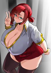 Rule 34 | 1girl, alternate breast size, alternate costume, bangle, boudica (fate), bracelet, breasts, cleavage, fate (series), green eyes, highres, huge breasts, jewelry, large breasts, long hair, peace symbol, ponytail, red hair, school uniform, skirt, thighhighs, uc (91776165)