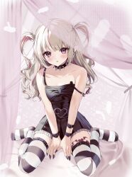 Rule 34 | 1girl, absurdres, black dress, black nails, blunt bangs, blush, bracelet, collar, collarbone, cure heart (artist), curtains, dress, fingernails, frilled dress, frills, grey hair, heart, heart print, heart tattoo, highres, jewelry, leg tattoo, long hair, looking at viewer, makaino ririmu, multicolored hair, nijisanji, off shoulder, parted lips, pink eyes, pink hair, pointy ears, sharp fingernails, sidelocks, single bare shoulder, sitting, solo, spiked collar, spikes, streaked hair, striped clothes, striped thighhighs, tattoo, thighhighs, twintails, virtual youtuber, wariza