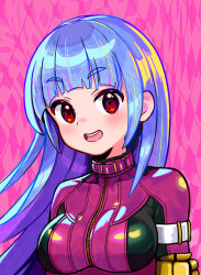 Rule 34 | 1girl, belt, blue hair, bodysuit, breasts, gloves, hand on own arm, highres, kula diamond, long hair, looking at viewer, medium breasts, pink background, purple eyes, smile, the king of fighters, turtleneck, upper body, user attv7427, zipper