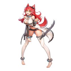 Rule 34 | 1girl, animal ears, barefoot, breasts, claw pose, cleavage, extra ears, fangs, feet, fenrir (last origin), full body, game cg, highres, kakiman, large breasts, last origin, long hair, looking at viewer, microskirt, navel, official art, red hair, skirt, solo, tachi-e, tagme, tail, thighhighs, toeless legwear, toes, transparent background, wolf ears, wolf girl, wolf tail, yellow eyes