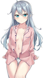 Rule 34 | 1girl, blue eyes, blush, breasts, buttons, hair between eyes, hibiki (kancolle), kantai collection, kohakope, long hair, long sleeves, navel, no bra, open clothes, pajamas, panties, parted lips, silver hair, simple background, small breasts, solo, underwear, white background, white panties