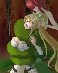 Rule 34 | 2girls, asphyxiation, bare shoulders, blonde hair, blush, breasts, closed eyes, drooling, grass, hair ornament, helpless, highres, hokutoraoh, lamia, large breasts, leafa, long hair, monster, monster girl, multiple girls, open mouth, outdoors, pointy ears, ponytail, restrained, ryona, saliva, shorts, strangling, strangulation, sword art online, thighhighs, tongue, tongue out, tree, very long hair