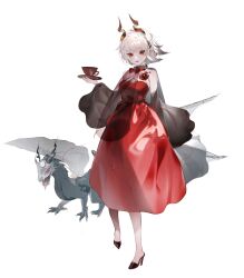 Rule 34 | 1girl, arm behind back, cup, dragon, dragon horns, dress, full body, grey hair, high heels, highres, holding, holding saucer, horns, looking at viewer, neck ribbon, original, red dress, red eyes, ribbon, saucer, short hair, smile, solo, standing, takeno zhuye, teacup, white background, white hair