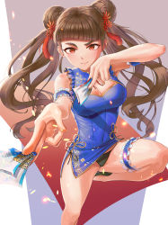 Rule 34 | 1girl, absurdres, alternate costume, alternate hairstyle, blunt bangs, breasts, brown hair, china dress, chinese clothes, cleavage, cleavage cutout, clothing cutout, double bun, dress, hair bun, hear (kpmf4732), highres, idolmaster, idolmaster cinderella girls, kamiya nao, leg up, long hair, looking at viewer, medium breasts, ofuda, outstretched arm, panties, pantyshot, red eyes, short dress, side-tie panties, side slit, solo, standing, standing on one leg, talisman, thick eyebrows, underwear