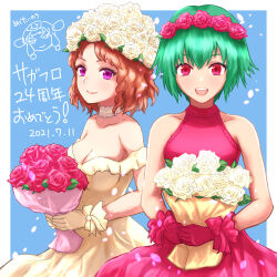 Rule 34 | 2girls, asellus (saga frontier), breasts, brown hair, cleavage, closed mouth, curly hair, dress, flat chest, flower, gloves, green hair, hair flower, hair ornament, highres, kitaokasensei, long hair, looking at viewer, medium breasts, multiple girls, open mouth, princess rei, princess white rose, red eyes, red flower, red rose, rose, saga, saga frontier, short hair, simple background, smile, wedding dress, white flower, white rose