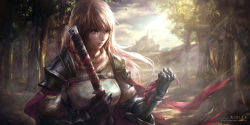 Rule 34 | 1girl, armor, artist name, blonde hair, blurry, breastplate, brown eyes, cape, castle, clenched hand, cloud, crying, crying with eyes open, depth of field, forest, gauntlets, hiro (strain320), light rays, lips, long hair, looking to the side, nature, original, parted lips, shoulder armor, solo, pauldrons, streaming tears, sunbeam, sunlight, sword, tears, torn cape, torn clothes, watermark, weapon, web address, wind