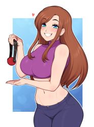 Rule 34 | 1girl, afrobull, ball gag, bare arms, bare shoulders, blue background, blue eyes, borrowed character, breasts, brown hair, crop top, gag, unworn gag, heart, highres, large breasts, midriff, original, purple shirt, shirt, smile, solo, tagme, tight clothes, tight shirt