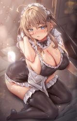 Rule 34 | 1girl, absurdres, ahoge, black dress, black thighhighs, blue eyes, blush, breasts, brown hair, cleavage, commentary, dress, full body, highres, indoors, kneeling, large breasts, maid headdress, medium hair, muloli, original, parted lips, sideboob, sleeveless, solo, symbol-only commentary, thighhighs, white headwear