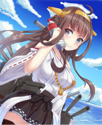 Rule 34 | 10s, 1girl, ahoge, bare shoulders, blush, bottle, breasts, brown hair, detached sleeves, hairband, highres, japanese clothes, kantai collection, kongou (kancolle), long hair, looking at viewer, machinery, nontraditional miko, seberry, grey eyes, smile, solo, thighhighs, turret, water bottle, wide sleeves