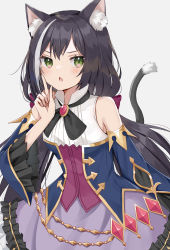 Rule 34 | 1girl, animal ear fluff, animal ears, bare shoulders, black hair, blue sleeves, blush, cat ears, cat girl, cat tail, chestnut mouth, commentary request, detached sleeves, frilled skirt, frills, green eyes, grey background, hand up, highres, index finger raised, karyl (princess connect!), long hair, long sleeves, looking at viewer, low twintails, multicolored hair, parted lips, princess connect!, purple skirt, shirt, simple background, skirt, sleeveless, sleeveless shirt, solo, streaked hair, swon (joy200892), tail, tail raised, twintails, v-shaped eyebrows, very long hair, white hair, white shirt, wide sleeves