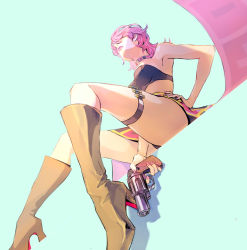 Rule 34 | 1girl, armpits, bare shoulders, blue background, boots, breasts, brown footwear, bullet, choker, closed mouth, commentary, from below, guido mista, gun, hair over eyes, hand on own hip, high heel boots, high heels, holding, holding gun, holding weapon, jojo no kimyou na bouken, lips, medium breasts, medium hair, midriff, personality switch, pink hair, pink lips, sitting, skirt, solo, strapless, thigh strap, thighs, trish una, tube top, vento aureo, weapon, zzyzzyy