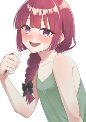 Rule 34 | 1girl, @ @, alcohol, bare shoulders, black bow, blunt bangs, blush, bocchi the rock!, bow, braid, braided ponytail, collarbone, dress, drink, drunk, flat chest, green dress, hair bow, highres, hiroi kikuri, holding, holding drink, looking at viewer, mitora nao, open mouth, purple eyes, purple hair, sharp teeth, simple background, single braid, sleeveless, sleeveless dress, smile, solo, teeth, upper body, upper teeth only, white background