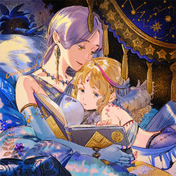 Rule 34 | 2girls, blonde hair, blue eyes, blue gloves, book, bracelet, breasts, cleavage, earrings, elbow gloves, fingerless gloves, gloves, head on chest, jewelry, multiple girls, nail polish, necklace, open book, original, pillow, pink nails, purple hair, smile, tassel, umishima senbon, yellow eyes