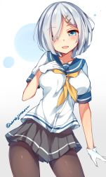 Rule 34 | 10s, 1girl, blue eyes, blush, breasts, brown pantyhose, buttons, collarbone, eyes visible through hair, gloves, hair ornament, hair over one eye, hairclip, hamakaze (kancolle), hand on own chest, kantai collection, large breasts, looking at viewer, neckerchief, open mouth, pantyhose, pleated skirt, revision, school uniform, serafuku, short hair, short sleeves, silver hair, skirt, smile, solo, twitter username, unacchi (nyusankin), white gloves, yellow neckerchief