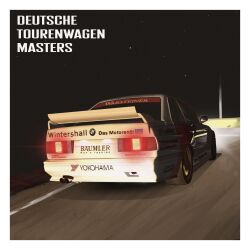 Rule 34 | bmw, bmw 3 series, bmw e30, bmw m3, border, car, copyright name, deutsche tourenwagen masters, from behind, glowing, highres, motor vehicle, night, no humans, race vehicle, racecar, sei illustrations, spoiler (automobile), sports car, star (sky), vehicle focus, white border