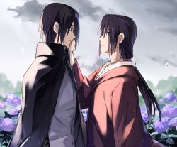 Rule 34 | 2boys, black hair, brothers, cape, cloak, closed mouth, field, flower, flower field, hand on another&#039;s cheek, hand on another&#039;s face, height difference, hood, hoodie, hydrangea, jewelry, long hair, male focus, manly, medium hair, multiple boys, naruto, naruto (series), naruto shippuuden, necklace, ninja, ponytail, short hair, siblings, smile, uchiha itachi, uchiha sasuke, usagishi