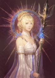 Rule 34 | 10s, 1girl, armlet, artist name, athena-erocith, bare shoulders, blonde hair, blue eyes, braid, breasts, closed mouth, crescent, crown braid, detached sleeves, dress, eyelashes, final fantasy, final fantasy xv, hair ornament, holding, holding weapon, jewelry, light smile, lips, long sleeves, looking at viewer, lunafreya nox fleuret, pendant, polearm, ponytail, solo, sun symbol, swept bangs, trident, upper body, weapon, white dress, wide sleeves