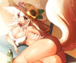 Rule 34 | 1girl, animal ears, ass, bad anatomy, beach, beach towel, bikini, blush, bottle, bow, breasts, brown eyes, cleavage, day, fang, flower, fox ears, fox tail, hat, hat bow, hat flower, hat ornament, large breasts, long hair, looking at viewer, lying, mofuaki, on side, original, sand, smile, solo, straw hat, sunflower, sweat, swimsuit, tail, towel, umbrella, white bikini, white hair