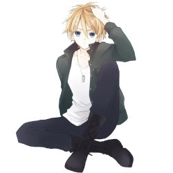 Rule 34 | 1boy, anzu (o6v6o), black footwear, blonde hair, blue eyes, blue pants, boots, closed mouth, cross-laced footwear, dog tags, full body, genderswap, genderswap (ftm), hair between eyes, hair ornament, hairclip, hand on own head, hand up, jacket, kagamine rinto, knee up, lace-up boots, long sleeves, looking at viewer, looking away, male focus, open clothes, open jacket, pants, parted lips, pocket, simple background, sitting, sketch, solo, unbuttoned, v-neck, vocaloid, white background, zipper