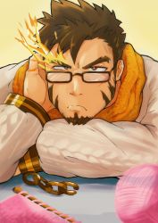 Rule 34 | 1boy, bara, brown hair, casual, cross scar, facial hair, flaming eye, forked eyebrows, glasses, goatee, heracles (housamo), highres, long sideburns, looking at viewer, male focus, official alternate costume, portrait, pout, scar, scarf, short hair, sideburns, solo, sweater, tatatan (ts kon2), tokyo houkago summoners, upper body, white sweater, yellow scarf
