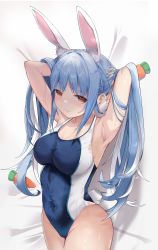 Rule 34 | 1girl, absurdres, animal ears, armpits, black one-piece swimsuit, blue hair, breasts, brown eyes, carrot hair ornament, cleavage, competition swimsuit, covered navel, cowboy shot, food-themed hair ornament, hair ornament, highres, hololive, large breasts, long hair, md5 mismatch, multicolored hair, namelessdays, one-piece swimsuit, orange eyes, rabbit ears, rabbit girl, rabbit tail, resolution mismatch, short eyebrows, solo, source smaller, swimsuit, tail, thick eyebrows, thighs, twintails, two-tone hair, usada pekora, virtual youtuber, white hair