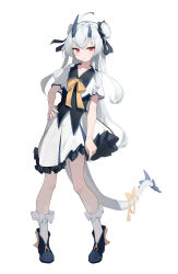 Rule 34 | 1girl, ahoge, black footwear, black shirt, closed mouth, collarbone, double bun, frilled skirt, frilled socks, frills, full body, grey hair, hair bun, highres, horns, jacket, long hair, looking at viewer, mishuo (misuo69421), original, pleated skirt, red eyes, shirt, shoes, simple background, skirt, socks, solo, standing, tail, two side up, very long hair, white background, white jacket, white skirt, white socks