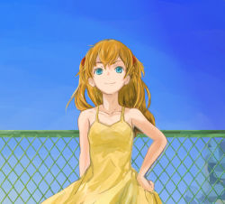 Rule 34 | 1girl, bare shoulders, blue eyes, chain-link fence, conjaku, day, dress, fence, hand on own hip, hip focus, long hair, neon genesis evangelion, outdoors, red hair, smile, solo, souryuu asuka langley, yellow dress