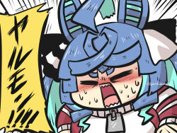 Rule 34 | 1girl, ahoge, animal ears, blue hair, blush, closed eyes, emphasis lines, facing viewer, goma (gomasamune), highres, horse ears, jacket, long hair, long sleeves, multicolored hair, nose blush, open mouth, red jacket, sharp teeth, short eyebrows, simple background, solo, sweat, teeth, thick eyebrows, track jacket, translation request, twin turbo (umamusume), two-tone hair, umamusume, upper body, v-shaped eyebrows, white background