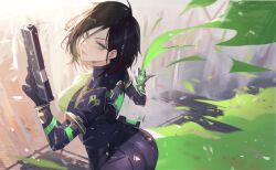 Rule 34 | 1girl, ass, black hair, bodysuit, breasts, colored inner hair, colored smoke, from behind, gas, gloves, green bodysuit, green eyes, green hair, green smoke, gun, hair behind ear, highres, holding, holding gun, holding weapon, large breasts, long sleeves, looking at viewer, looking back, multicolored hair, neo (neorarty3), outdoors, slit pupils, smoke, solo, two-tone bodysuit, valorant, viper (valorant), weapon