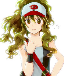 Rule 34 | 10s, 1girl, bad id, bad pixiv id, baseball cap, brown eyes, brown hair, creatures (company), curly hair, frown, game freak, hat, hilda (pokemon), holding, holding poke ball, long hair, nintendo, poke ball, poke ball (basic), pokemon, pokemon bw, ponytail, simple background, solo, tank top, unotaro, vest, white background