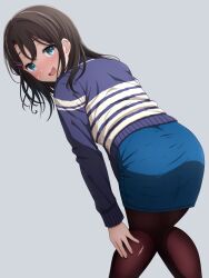 Rule 34 | 1girl, absurdres, ass, bang dream!, black hair, blue eyes, blush, grey background, hair ornament, hairclip, hand on own leg, highres, leaning forward, looking at viewer, looking back, medium hair, miniskirt, noshimurin, okusawa misaki, open mouth, pantyhose, simple background, skirt, solo, striped clothes, striped sweater, sweatdrop, sweater, torn clothes, torn pantyhose