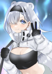 Rule 34 | &gt;:), 1girl, animal ears, arknights, aurora (arknights), bear ears, black gloves, black hairband, blue eyes, breasts, cleavage, commentary request, gloves, hair over one eye, hairband, hand up, highres, lia (pzvs3887), long hair, long sleeves, looking at viewer, medium breasts, midriff, partial commentary, shrug (clothing), solo, stomach, strapless, tube top, upper body, v, v-shaped eyebrows, white hair