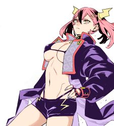 Rule 34 | 1girl, black bra, black hair, bra, closed mouth, hair ornament, horns, jacket, long hair, mato seihei no slave, multicolored hair, naruhime (mato seihei no slave), pink hair, purple jacket, purple shorts, shorts, simple background, solo, suspenders, two-tone hair, underwear, very long hair, white background, yellow eyes