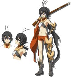 Rule 34 | 10s, 1girl, black hair, chaos dragon, concept art, gakushou, official art, shorts, simple background, tagme, weapon