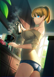 Rule 34 | 1girl, abyssal ship, ass, bare shoulders, blue eyes, blue shorts, blush, breasts, brown hair, coffee, coffee maker, coffee pot, covered erect nipples, day, denim, denim shorts, dutch angle, enemy lifebuoy (kancolle), from side, green sweater, indoors, intrepid (kancolle), kantai collection, kettle, large breasts, lips, looking at viewer, off-shoulder sweater, off shoulder, parted lips, ponytail, pouring, short hair, short shorts, shorts, smile, solo, standing, sweater, unowen